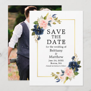 Save The Date Aquarelle bleu rose Rose Photo Gold Frame