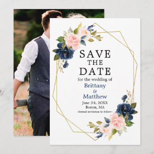 Save The Date Aquarelle bleu rose Roses Geo Frame Photo