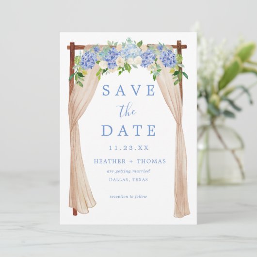Save The Date Aquarelle bleu rouille Hydrangea (Debout devant)
