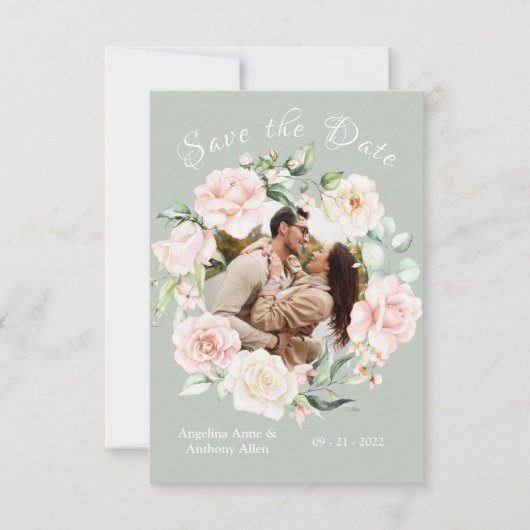 Save The Date Aquarelle bleu Sage Green Photo Mariage Floral (Devant)