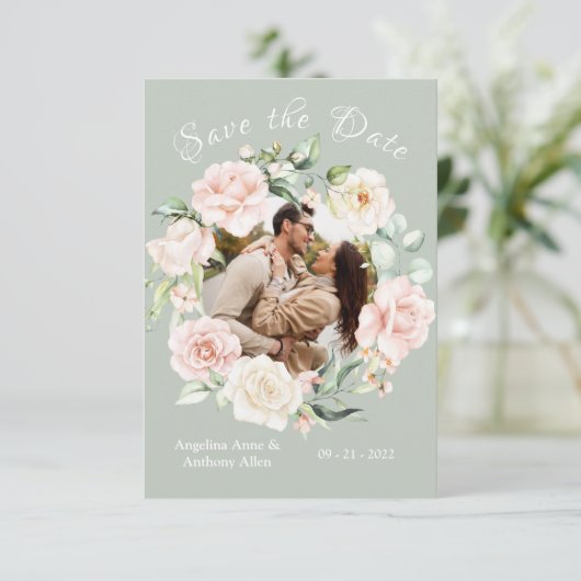 Save The Date Aquarelle bleu Sage Green Photo Mariage Floral (Debout devant)