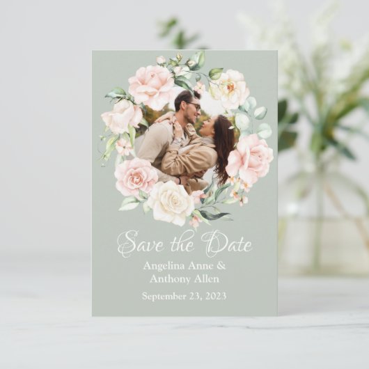 Save The Date Aquarelle bleu Sage Green Photo Mariage Floral (Debout devant)