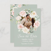 Save The Date Aquarelle bleu Sage Green Photo Mariage Floral (Devant / Derrière)
