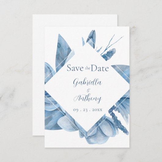 Save The Date Aquarelle bleue Cadre Floral (Devant / Derrière)