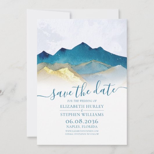 Save The Date Aquarelle Blue Gold Foil Mountain Mariage extérieu (Devant)
