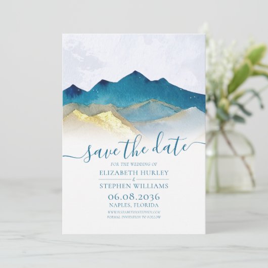 Save The Date Aquarelle Blue Gold Foil Mountain Mariage extérieu (Debout devant)