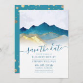 Save The Date Aquarelle Blue Gold Foil Mountain Mariage extérieu (Devant / Derrière)