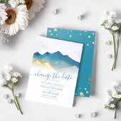 Save The Date Aquarelle Blue Gold Foil Mountain Mariage extérieu