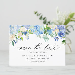 Save The Date Aquarelle Blue Hydrangeas et ivoire Rose QR Code