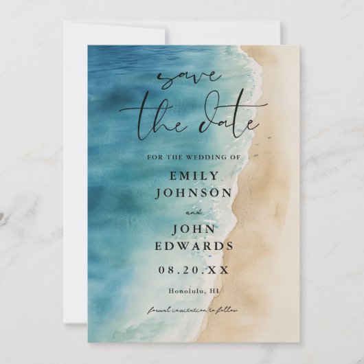 Save The Date Aquarelle Blue Ocean Beach Sand Mariage (Devant)