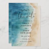 Save The Date Aquarelle Blue Ocean Beach Sand Mariage (Devant / Derrière)