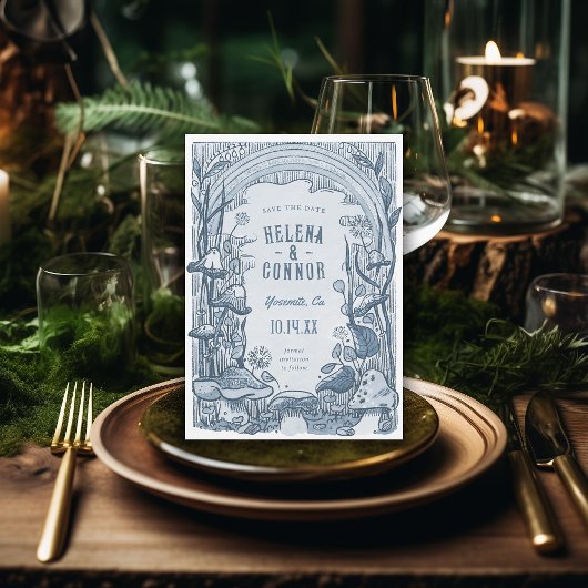 Save The Date Aquarelle Boho Champignons Retro Blue