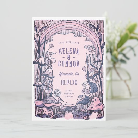 Save The Date Aquarelle Boho champignons violet rétro (Debout devant)