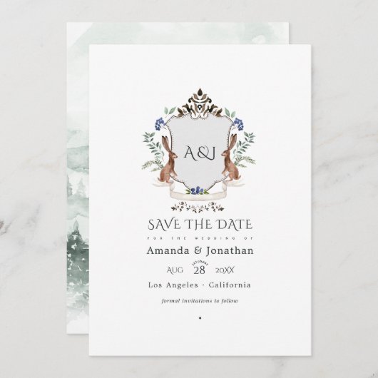 Save The Date Aquarelle Bois Laurel Crest Monogramme Mariage (Devant / Derrière)