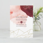 Save The Date Aquarelle bordeaux et bleu Mariage géométrique (Debout devant)