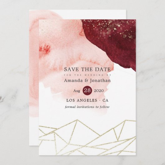 Save The Date Aquarelle bordeaux et bleu Mariage géométrique (Devant / Derrière)