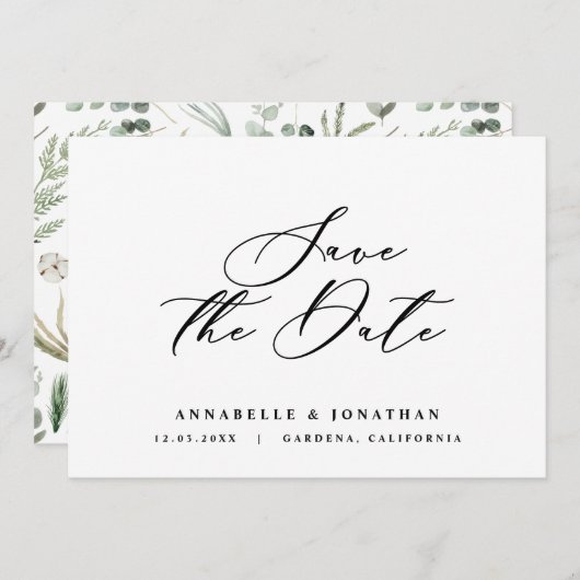Save The Date Aquarelle botanique élégant script non photo enreg (Devant / Derrière)