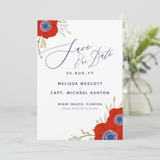 Save The Date Aquarelle Botanique Fleurs à vent Marine Mariage b (Debout devant)