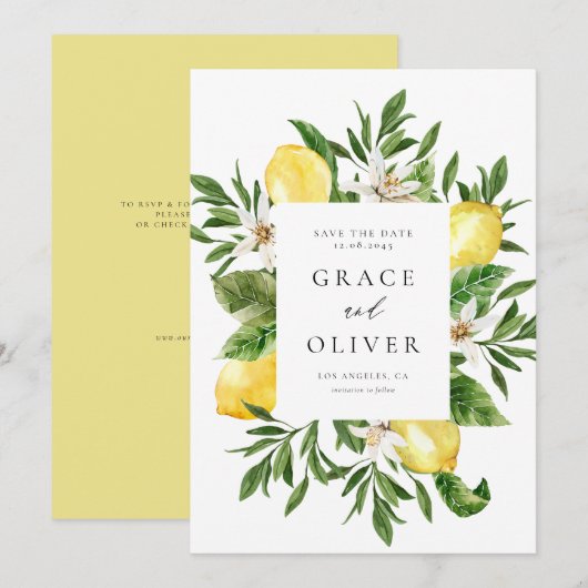 Save The Date Aquarelle Botanique Lemon Blossoms Cadre QR Code (Devant / Derrière)