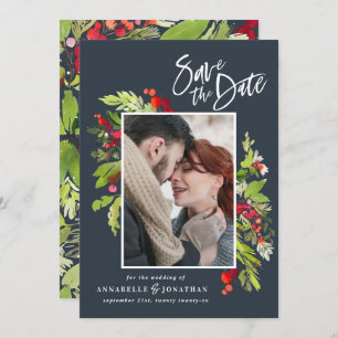 Save The Date Aquarelle botanique rouge d'hiver photo bleu