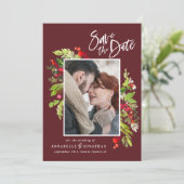 Save The Date Aquarelle botanique rouge hiver photo chic s (Debout devant)