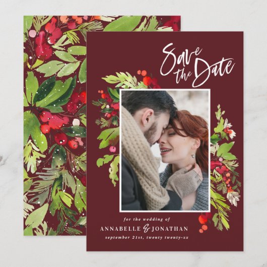 Save The Date Aquarelle botanique rouge hiver photo chic s (Devant / Derrière)