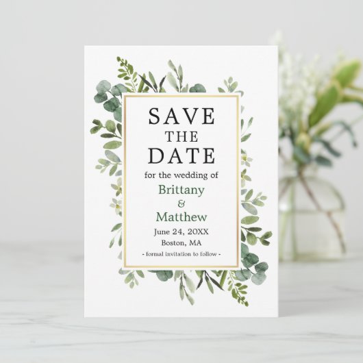 Save The Date Aquarelle Botanique Verdure Eucalyptus Feuille (Debout devant)