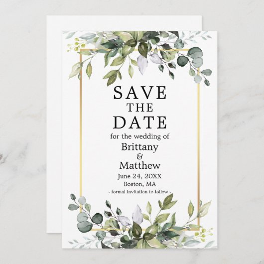 Save The Date Aquarelle Botanique Verdure Or Cadre (Devant / Derrière)