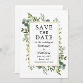 Save The Date Aquarelle Botanique Vert Eucalyptus Or (Devant / Derrière)