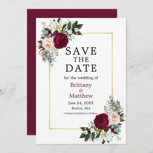 Save The Date Aquarelle Bourgogne Blanc Floral Or Frame (Devant / Derrière)