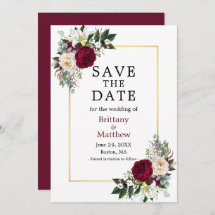 Save The Date Aquarelle Bourgogne Blanc Floral Or Frame
