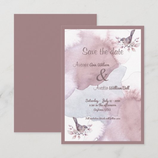 Save The Date Aquarelle Bourgogne Dusty et Ampersand d'or Rose (Devant / Derrière)