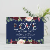 Save The Date Aquarelle Bourgogne Floral Aimer Bleu Enregistrer  (Debout devant)