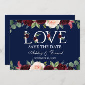 Save The Date Aquarelle Bourgogne Floral Aimer Bleu Enregistrer  (Devant / Derrière)