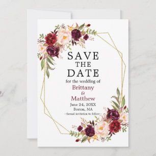 Save The Date Aquarelle Bourgogne Floral Geo Frame