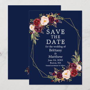 Save The Date Aquarelle Bourgogne Floral Geo Frame bleu