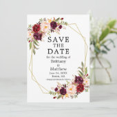 Save The Date Aquarelle Bourgogne Floral Gold Geo Frame (Debout devant)