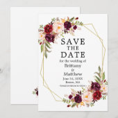 Save The Date Aquarelle Bourgogne Floral Gold Geo Frame (Devant / Derrière)