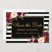 Save The Date Aquarelle Bourgogne Florale rayée (Devant / Derrière)