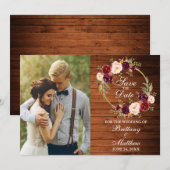 Save The Date Aquarelle Bourgogne Florale Wreath Bois rustique (Devant / Derrière)