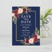 Save The Date Aquarelle Bourgogne Rose Bleu Or Frame (Debout devant)