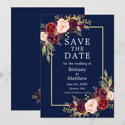 Save The Date Aquarelle Bourgogne Rose Bleu Or Frame (Devant / Derrière)