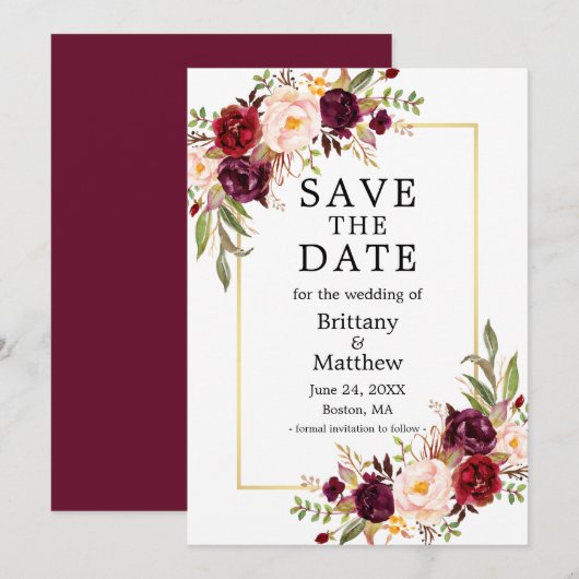Save The Date Aquarelle Bourgogne Rose Floral Gold Frame (Devant / Derrière)