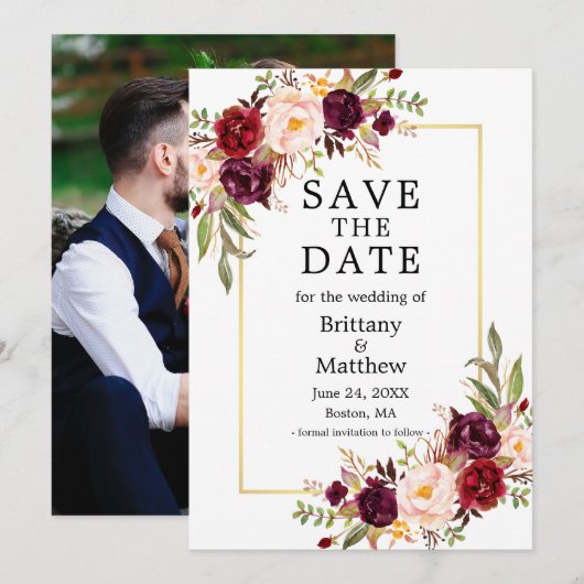 Save The Date Aquarelle Bourgogne Rose Gold Frame Photo (Devant / Derrière)
