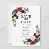 Save The Date Aquarelle Burgundy Bleu Floral Or (Devant)