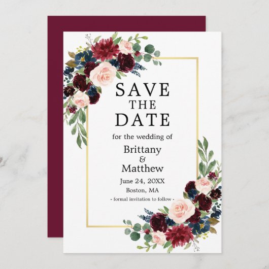 Save The Date Aquarelle Burgundy Bleu Floral Or (Devant / Derrière)