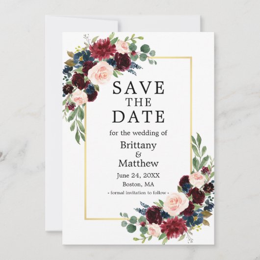 Save The Date Aquarelle Burgundy Bleu Floral Or Frame (Devant)