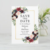 Save The Date Aquarelle Burgundy Bleu Floral Or Frame (Debout devant)
