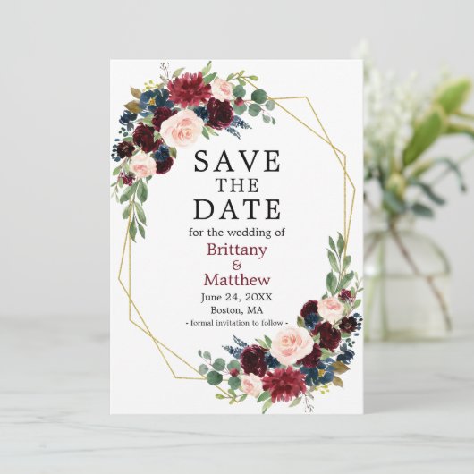 Save The Date Aquarelle Burgundy Blue Floral Geo Frame (Debout devant)