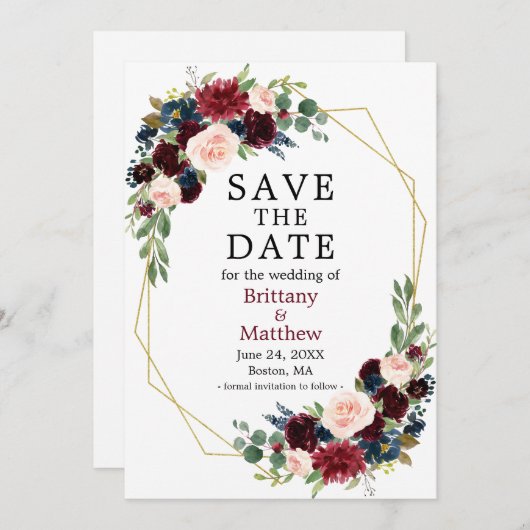 Save The Date Aquarelle Burgundy Blue Floral Geo Frame (Devant / Derrière)